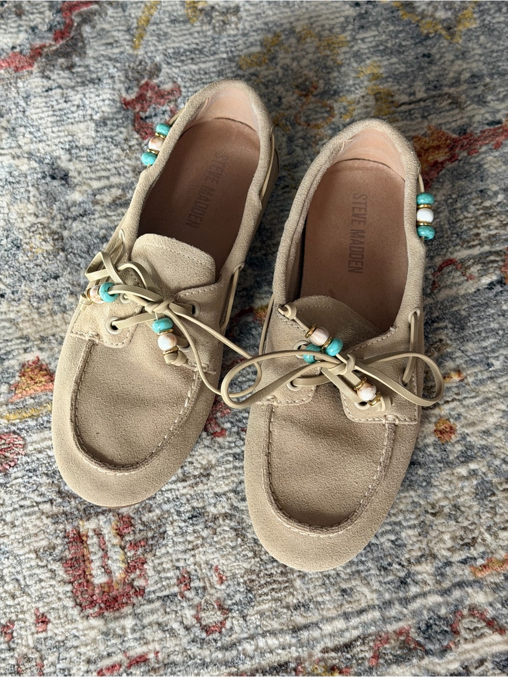 Steve Madden Beige Suede Moccasins with Turquoise Bead Detail
